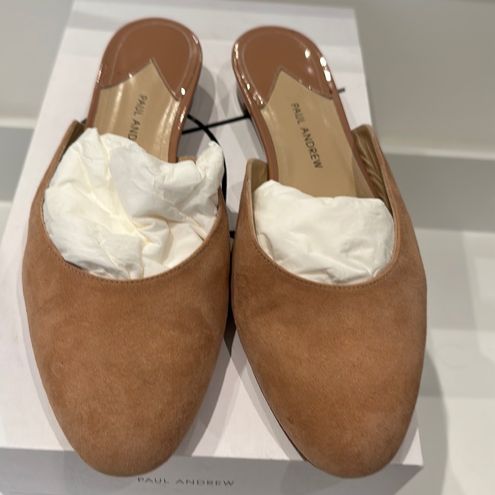 Paul Andre suede slides patent trim and heel